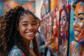 Close-up of a group of friends painting on canvases, with vibrant colors and laughter filling the room,