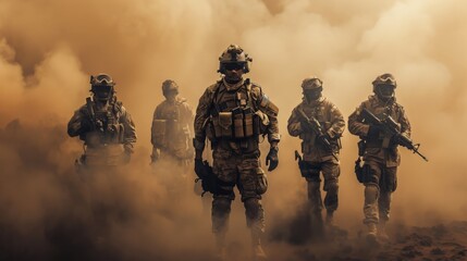 Fototapeta premium Group of several modern soldiers fully equipped facing the camera in a dusty and smoggy environment.