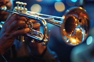 Fototapeta premium Close-up of a trumpeterâ€™s valves, with the musicianâ€™s fingers moving rapidly to produce a bright sound,