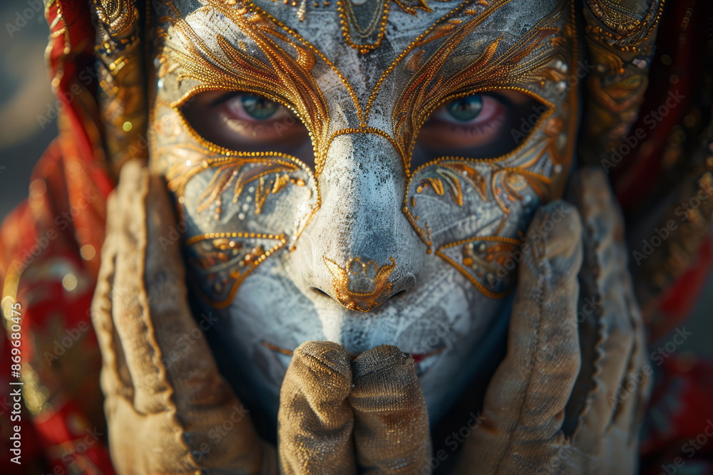 Poster macro view of an ornate mask held by an actor, with intricate details highlighted by soft lighting,