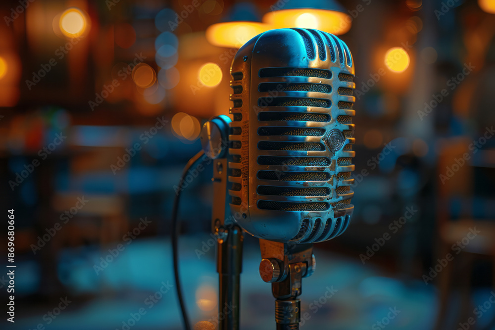 Poster macro view of a vintage microphone in a dimly lit studio, with soft light highlighting its metallic 