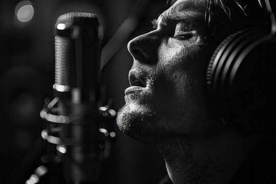 Close-up of a singer&acirc;&euro;&trade;s face as they passionately record vocals in a soundproof recording booth,