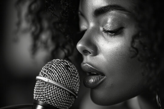 Close-up of a singer&acirc;&euro;&trade;s face as they passionately record vocals in a soundproof recording booth,
