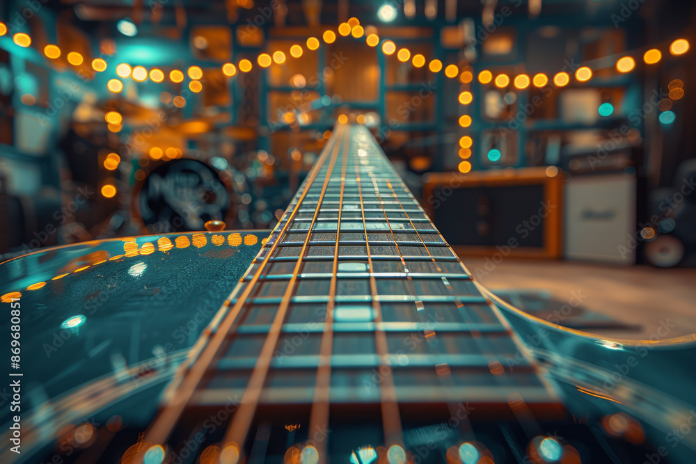 Aufkleber macro view of an electric guitarâ€™s strings and pickups, with a softly lit recording booth in the b