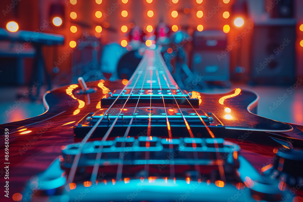 Poster macro view of an electric guitarâ€™s strings and pickups, with a softly lit recording booth in the b