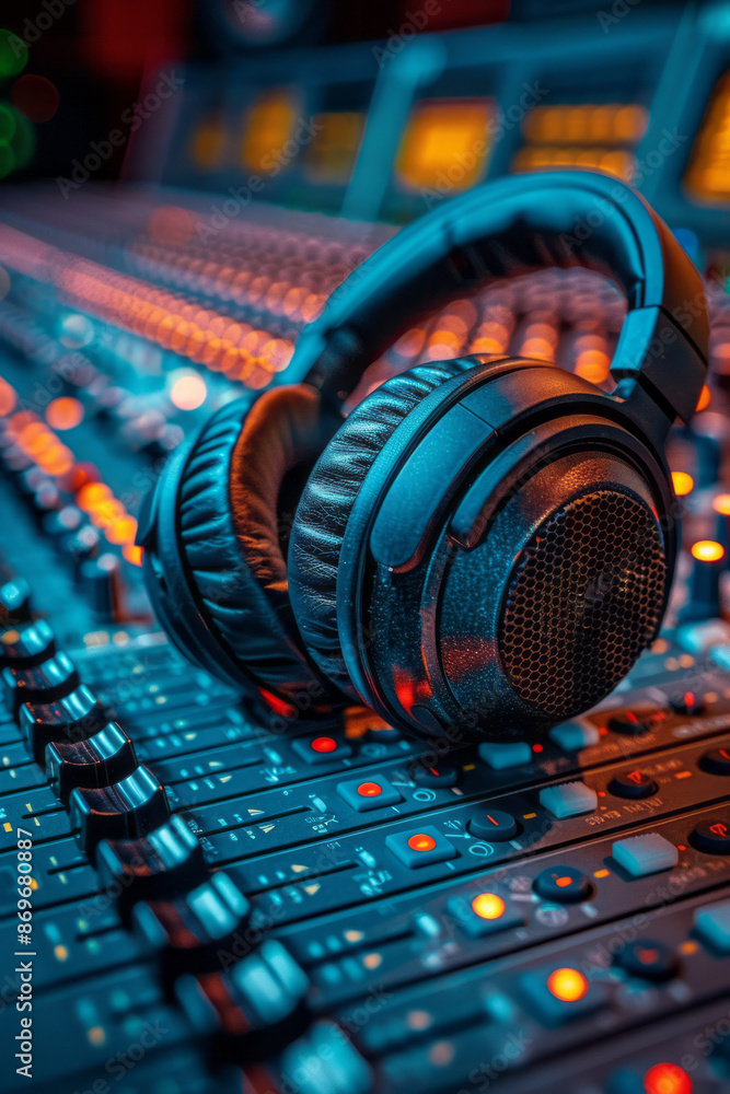 Poster macro image of a pair of studio headphones resting on a mixing desk, ready for use,