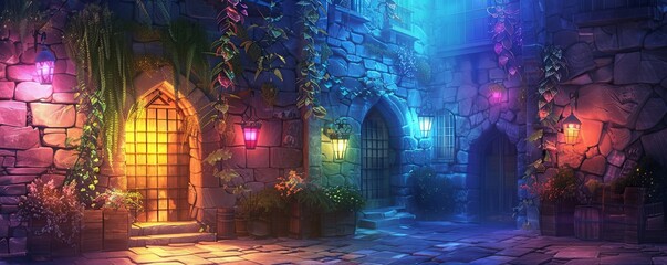 Fototapeta premium Enchanted Castle Courtyard: Mystical Stone Wall and Colorful Lanterns Illuminated with Ethereal Magic in Digital Painting