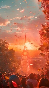The olympic event held in Paris, running track perspective meeting Eiffel tower in a distance, festive, confetti, party people, generative ai