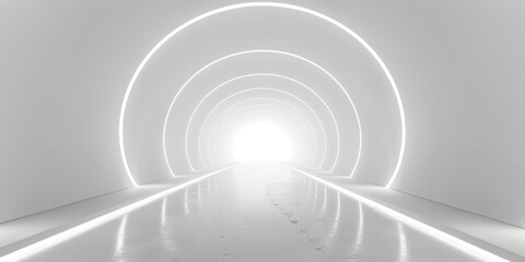 A futuristic, bright white tunnel with glowing lights. Clean lines and modern design in a sci-fi atmosphere.