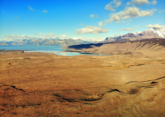 Blue lake in pampas of southern Argentina view from above