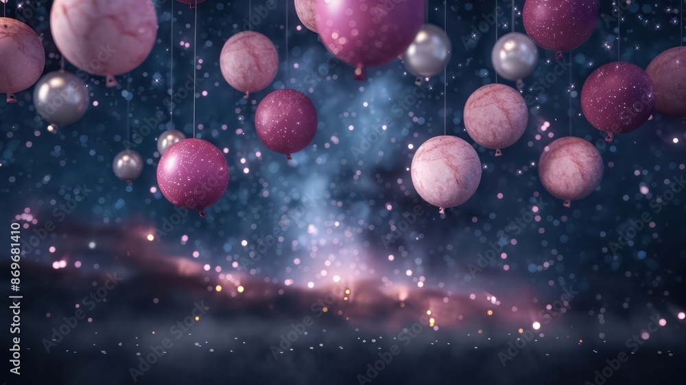 Poster a bunch of pink and silver balloons are floating in the air. the balloons are scattered all over the
