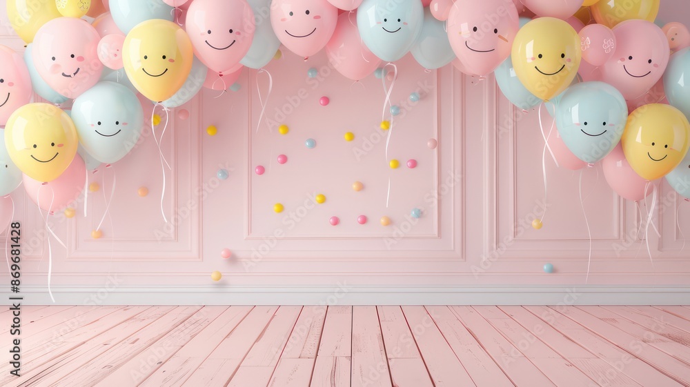 Poster a room with a pink wall and a bunch of balloons with smiling faces. the balloons are in different co