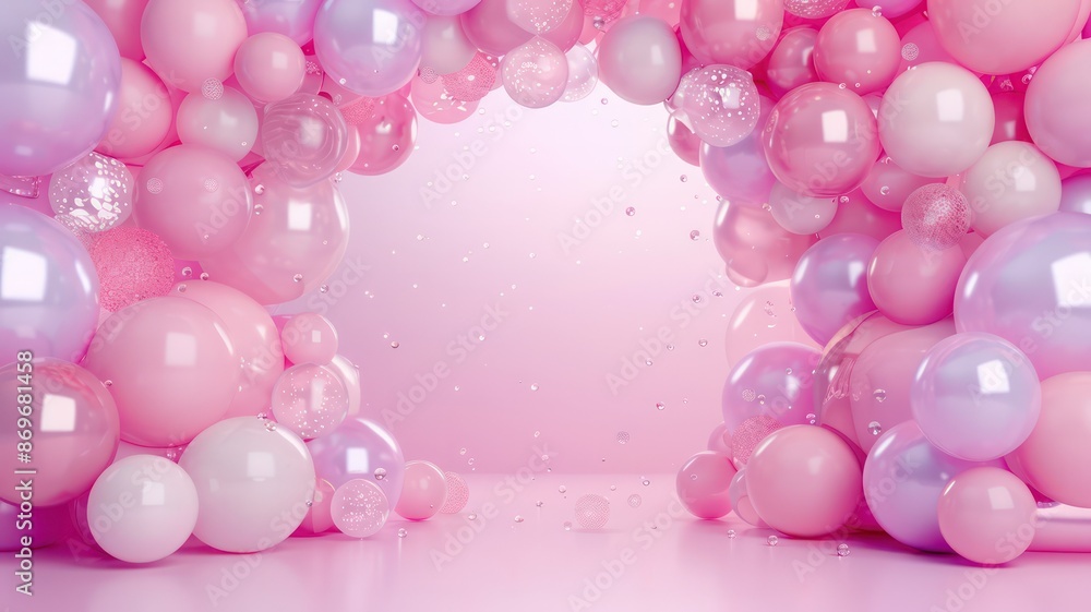 Poster a pink and white archway made of balloons. the archway is filled with pink and white balloons, creat
