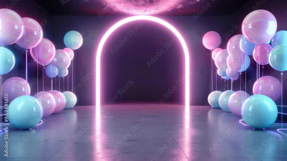 Poster a neon lighted room with a long archway and a bunch of colorful balloons. the balloons are in variou