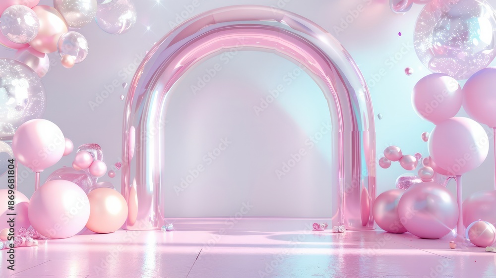 Poster a pink archway with a bunch of pink balloons in the background. the balloons are scattered all over 