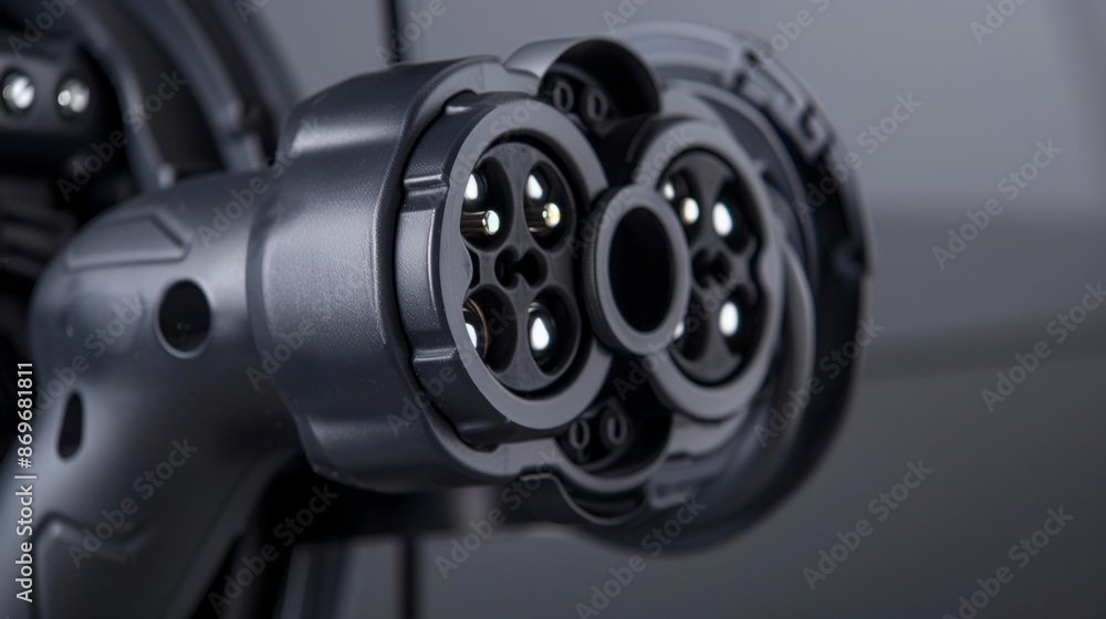Poster a detailed shot of the connectors on an ev charger featuring a sy and secure locking mechanism to pr