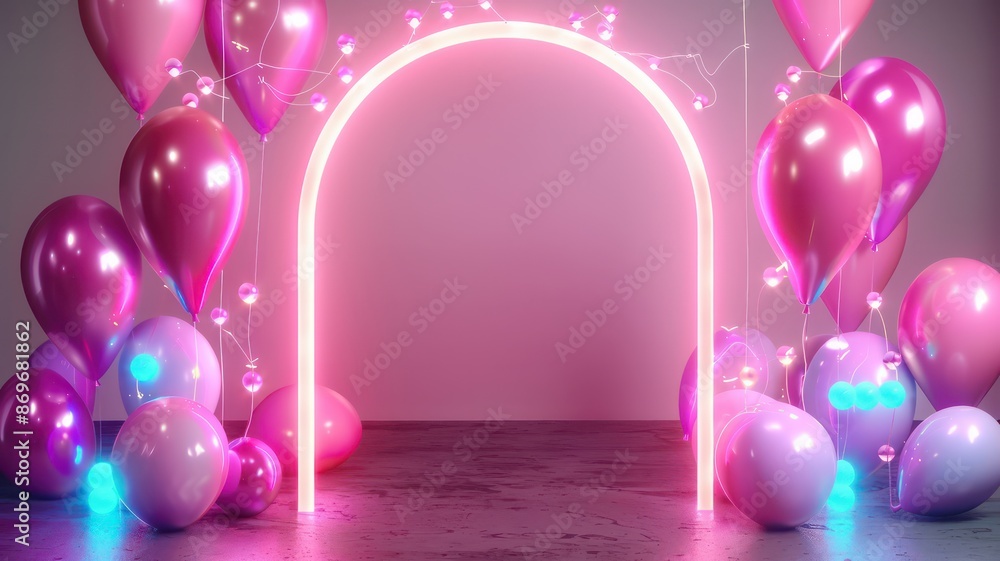 Poster a neon pink archway with pink balloons surrounding it. the balloons are arranged in a way that creat