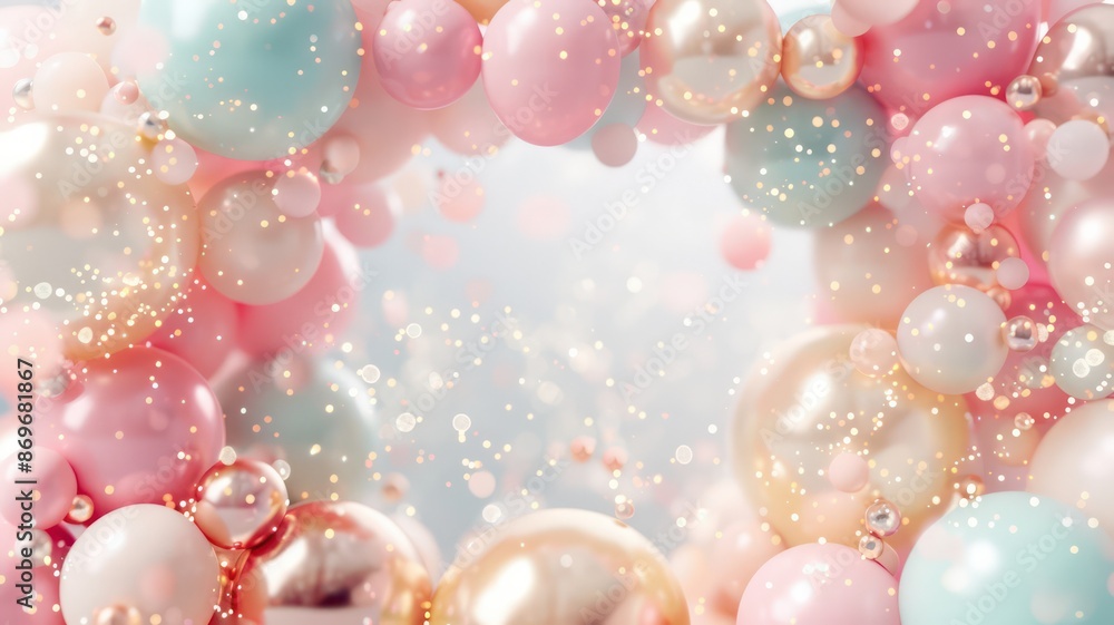 Poster a bunch of pink and blue balloons in a wavy pattern. the balloons are scattered all over the image, 