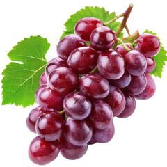 Fototapeta premium A close-up image of a fresh, vibrant bunch of red grapes with green leaves, displaying rich color and enticing texture, perfect for use in food photography.