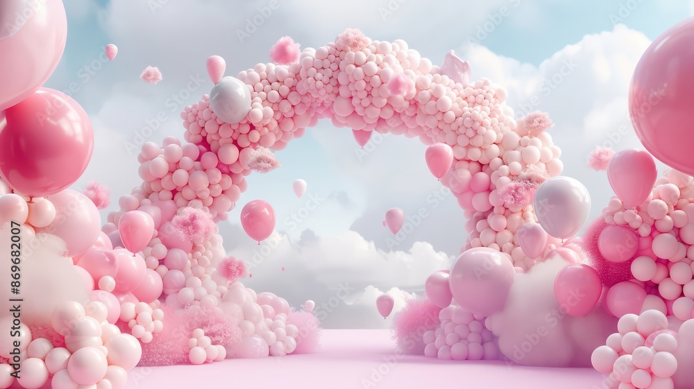 Poster A pink archway with many pink balloons and clouds in the background. The balloons are scattered throughout the archway, creating a whimsical and playful atmosphere