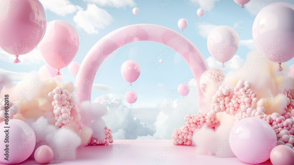 Poster A pink archway with pink balloons and clouds in the background. The balloons are scattered throughout the scene, creating a whimsical and playful atmosphere