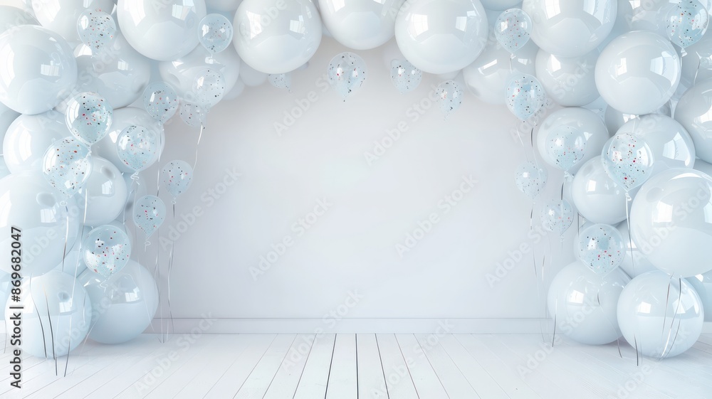 Poster a white room with a large arch of balloons. the room is empty and the balloons are the only decorati