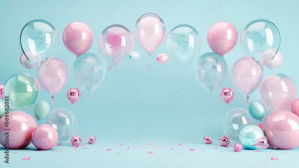 Poster a blue background with a pink arch of balloons. the balloons are in different colors and sizes, and 