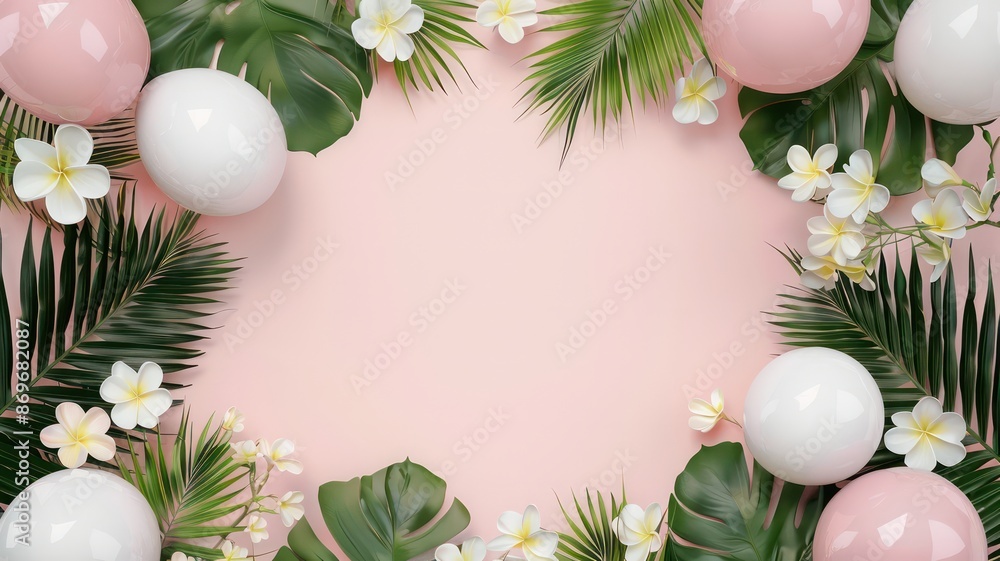 Poster a pink and white background with a green leafy border. in the center of the background are two white