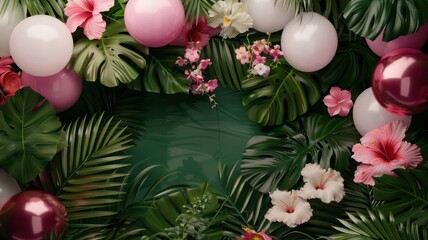 A green background with pink and white balloons and flowers. The balloons are scattered throughout the image, with some in the foreground and others in the background