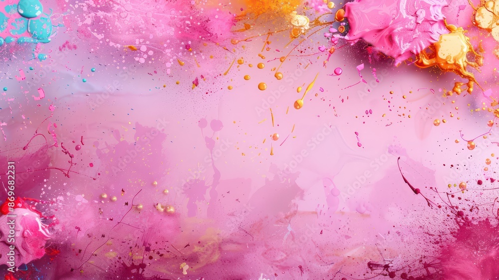 Poster a pink background with splatters of paint and a pink flower. the splatters of paint give the impress