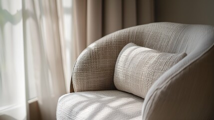 A white linen arm chair by the window with soft light