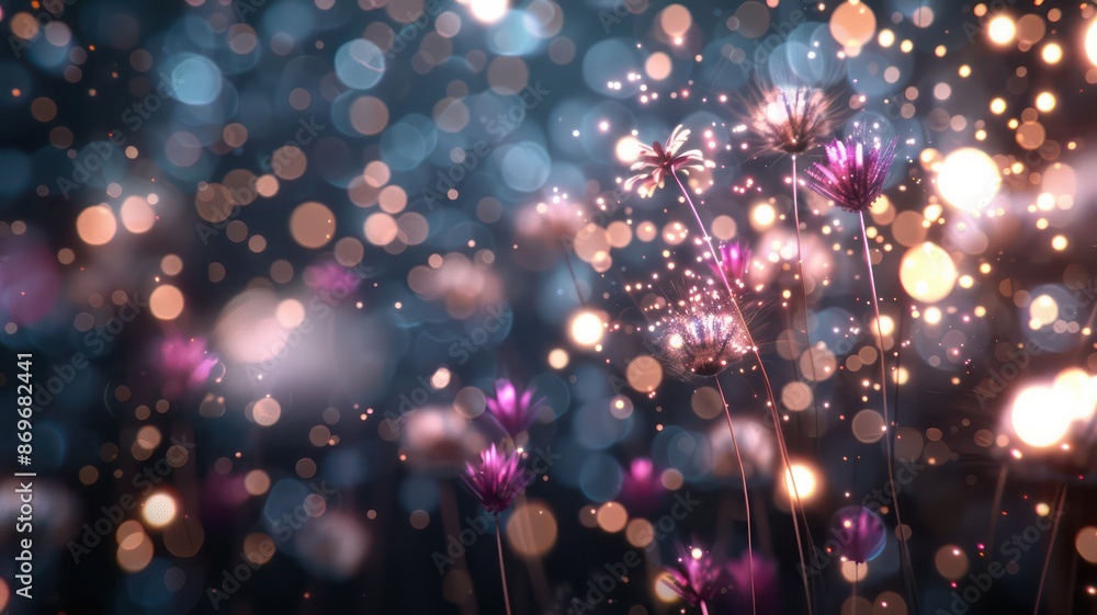 Poster a blurry image of flowers with a lot of light and sparkles. the flowers are pink and the background 
