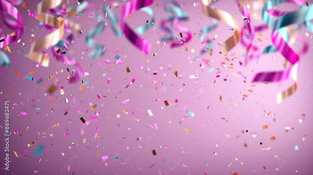 Poster a pink and blue streamer with gold and silver confetti falling from it. the confetti is scattered al