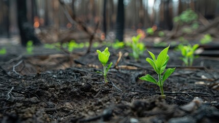 A small green plant is growing in the middle of a burnt forest