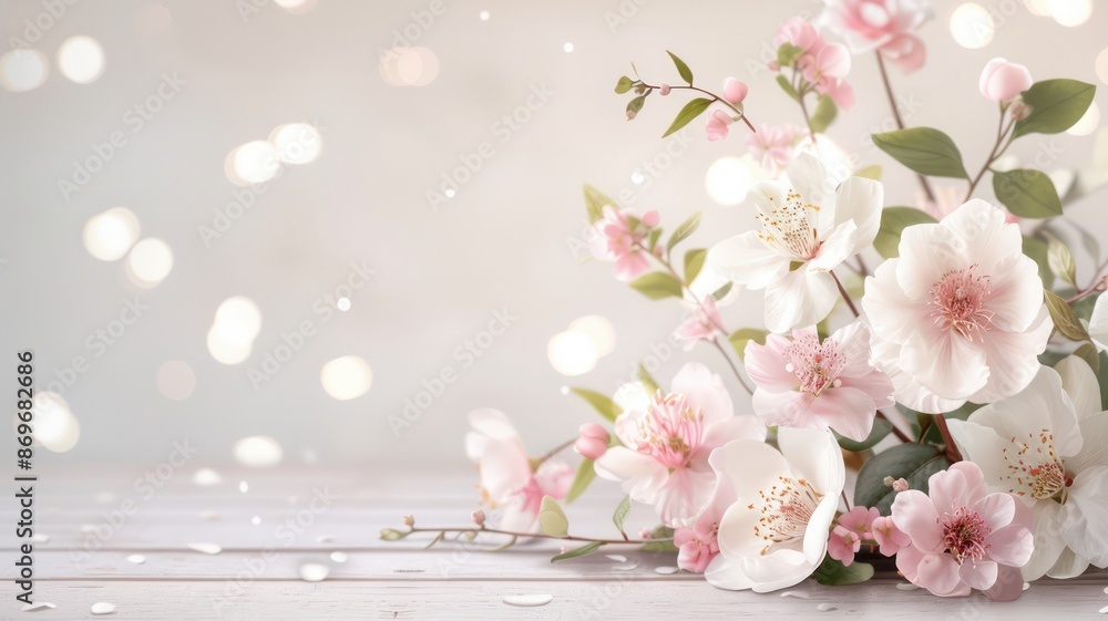 Poster a bouquet of white flowers sits on a wooden table. the flowers are arranged in a way that they are n