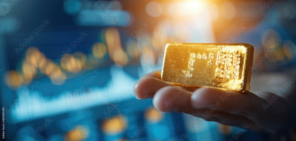Poster A hand holding a gold bar in front of a computer screen with graphs