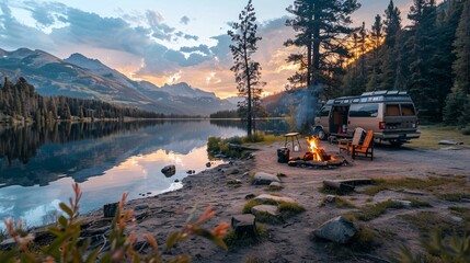 Scenic Campsite by Mountain Lake at Sunset