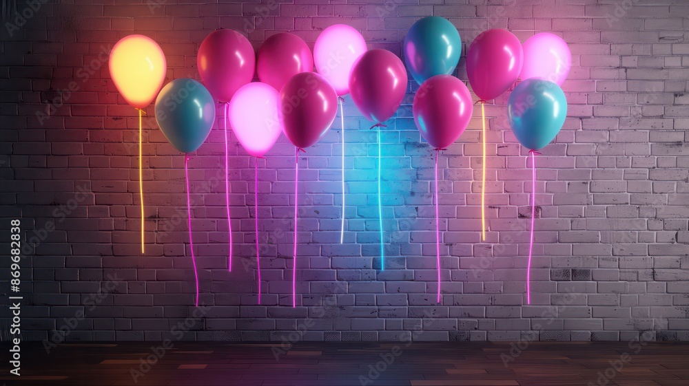 Poster a wall with neon lights and balloons hanging from it. the balloons are in different colors and sizes