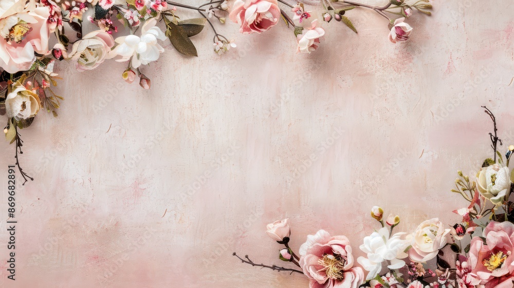 Poster a pink and white floral arrangement is framed by a white background. the flowers are arranged in a w