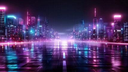 A cityscape with neon lights and a reflection of the city on the water. Scene is futuristic and vibrant