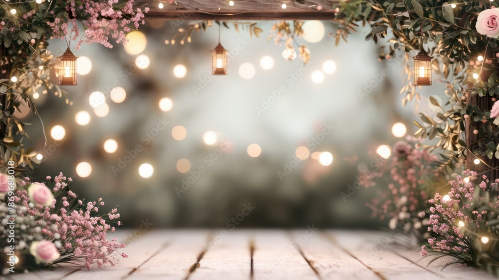 Poster A wooden frame with a white background and a bunch of pink flowers. The flowers are lit up with lights, creating a warm and inviting atmosphere. The frame is open