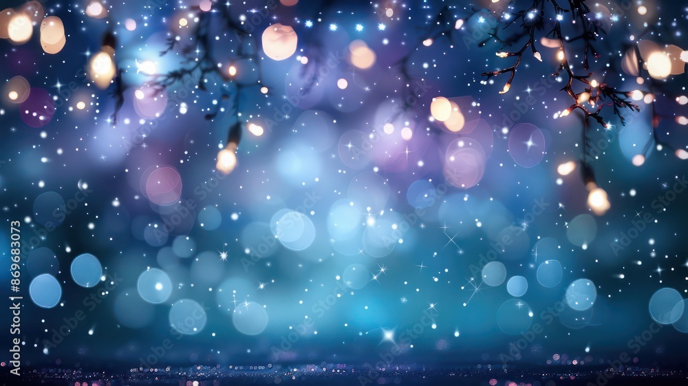 Poster a blue background with a lot of lights and snow. the lights are scattered all over the background, c