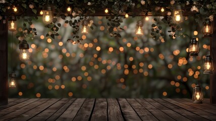 A wooden table with a bunch of lights hanging from it