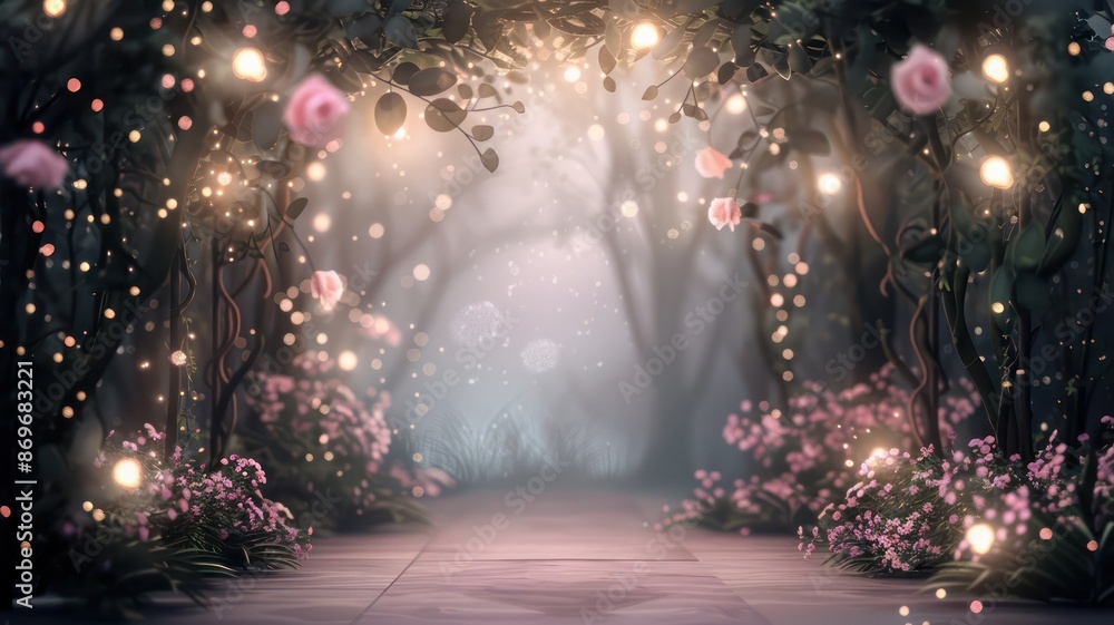 Poster A forest scene with a path leading through it. The path is lined with pink flowers and trees