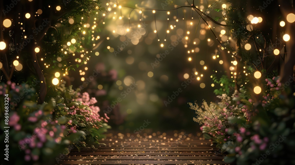 Poster a forest scene with a wooden bridge and a path of flowers. the flowers are pink and the lights are t