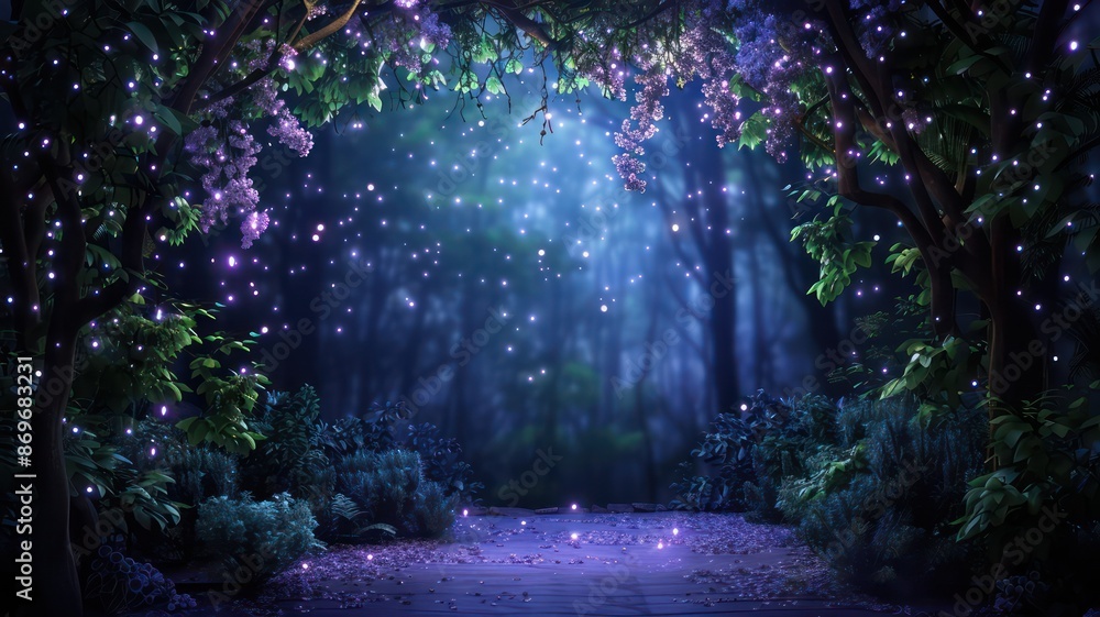 Poster a forest with purple flowers and a path with a glow in the dark