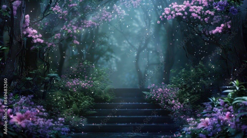 Poster A forest with a stone staircase leading up to a path. The path is lined with flowers and trees