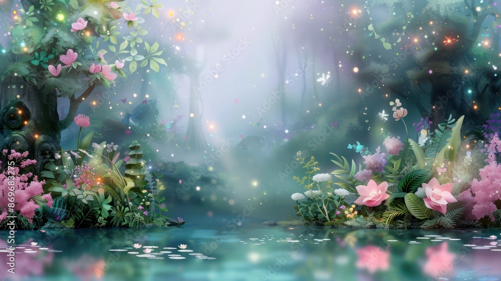 Poster a forest scene with a body of water in the foreground. the water is surrounded by a lush green fores