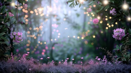 A forest scene with pink flowers and a bright light shining through the trees