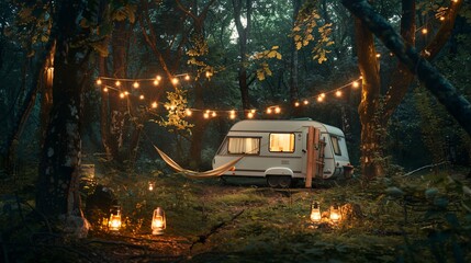 Cozy Camper in Forest with String Lights and Lanterns